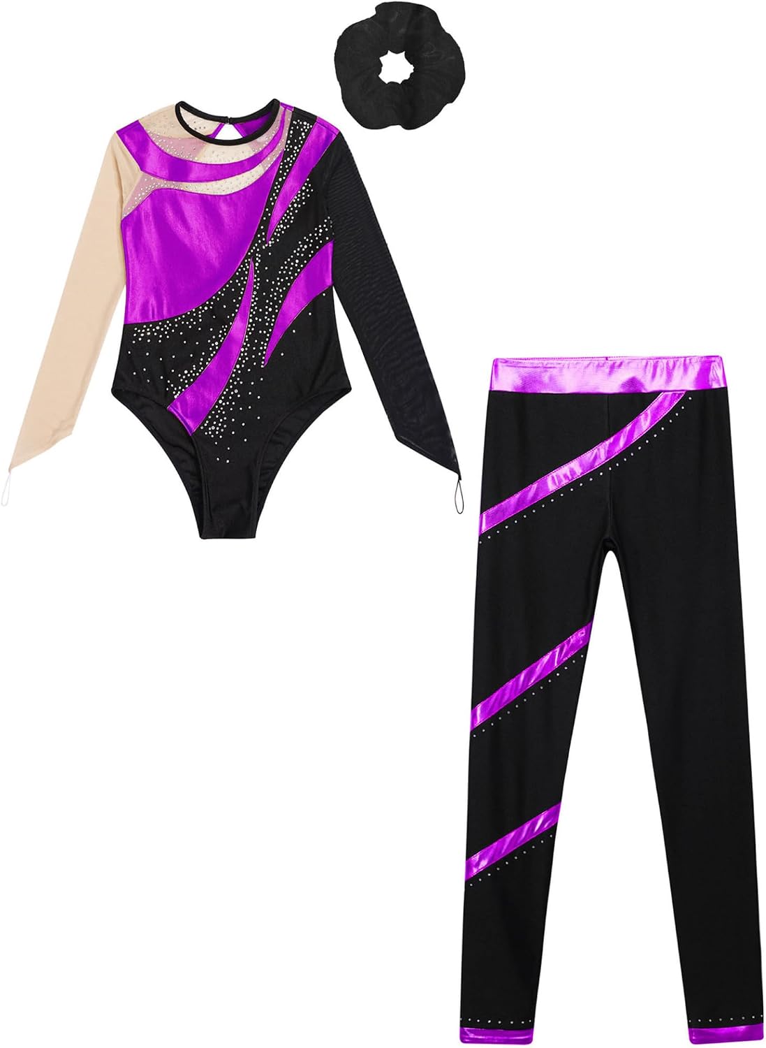 Linjinx Kids Girls Long Sleeve Metallic Gymnastic Leotard with Leggings Hair Scrunchie Dance Outfits Sets Dancewear