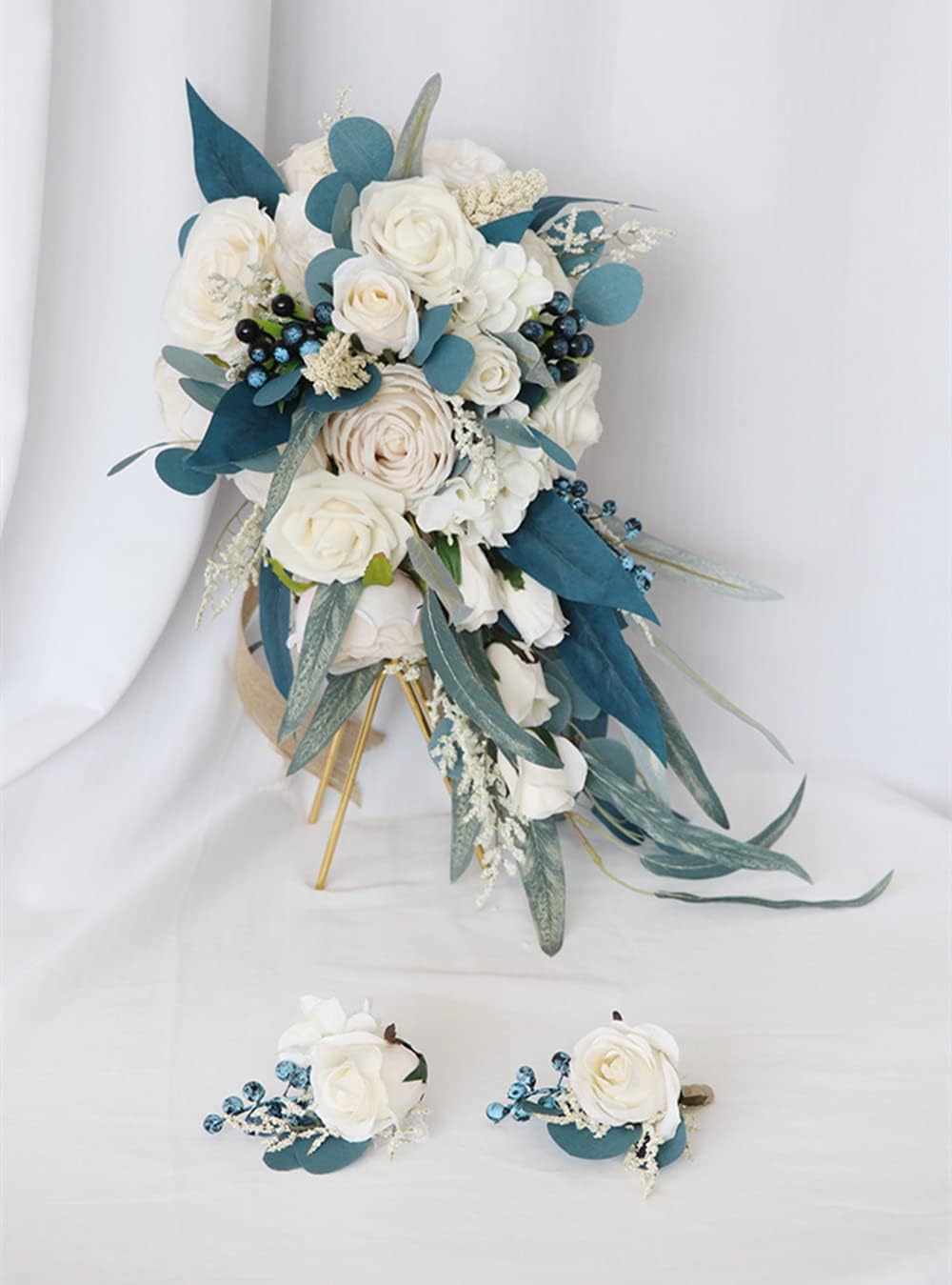 Ansho Rustic Artificial Flowers Bridal Bouquet, Silk Flower Wedding Bouquet for Bride Bridemaids, Water Drop Holding Bouquet for Wedding Ceremony and Anniversary, Photography Photo Props (Blue)