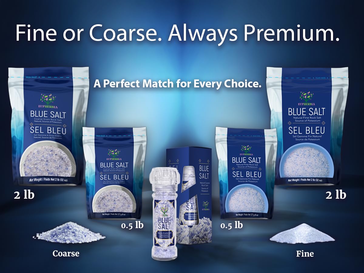 EUPHERBIA Blue Salt, Coarse, Rare Mineral Salt, High Potassium, Lower Sodium, Natural, Unprocessed, Hand Harvested, Kosher Certified, 100g (3.5 Oz)