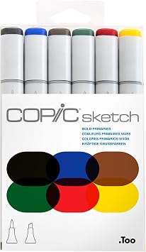 Copic Sketch Alcohol Markers, 6 Color Dual Tip Art Marker Set Blendable Brush Tips for Drawing, Sketching, and Illustration Professional Set for Adults/Teen Artists & Creators - Bold Primaries