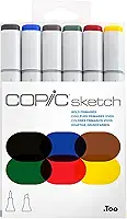 COPIC Marcador Sketch Ponta Dupla Redonda e Chanfrada, Estojo com 6 Cores Bold Primaries