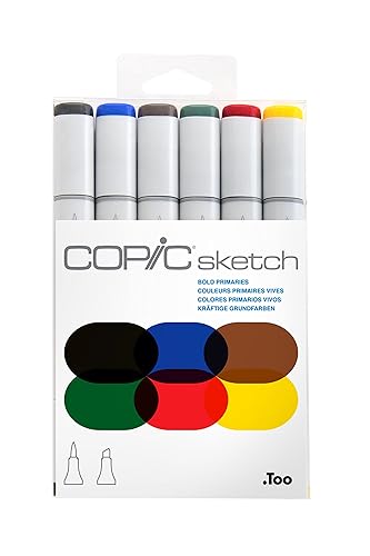 Copic Sketch Alcohol Markers, 6 Color Dual Tip Art Marker Set – Blendable Brush Tips for Drawing, Sketching, and Illustration – Professional Set for Adults/Teen Artists & Creators - Bold Primaries