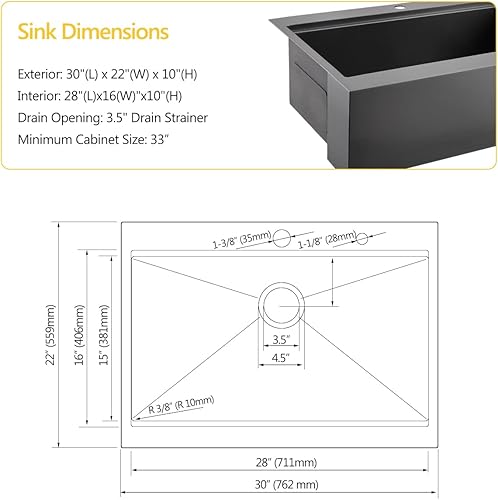 Miniatura 5 de Luckyhorse LH009S - Fregadero de cocina con delantal negro de 30 pulgadas, calibre 16, acero inoxidable mate profundo, montaje superior, estación de