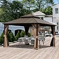 Domi 12' X 12' Hardtop Gazebo, Aluminum Metal Gazebo with Galvanized Steel Double Roof Canopy, Curtain and Netting, Permanent Gazebo Pavilion for Party, Wedding, Outdoor Dining, Brown