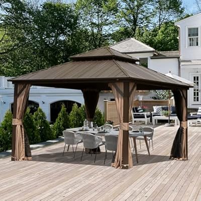 Domi 12' X 12' Hardtop Gazebo, Aluminum Metal Gazebo with Galvanized Steel Double Roof Canopy, Curtain and Netting, Permanent Gazebo Pavilion for Party, Wedding, Outdoor Dining, Brown