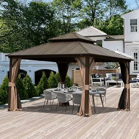 Domi 12' x 12' Hardtop Gazebo Permanent Metal Gazebo with Galvanized Steel Double Roof, Curtains and Netting for Party, Wedding, Outdoor Dining, Patio, Backyard, Brown Cover