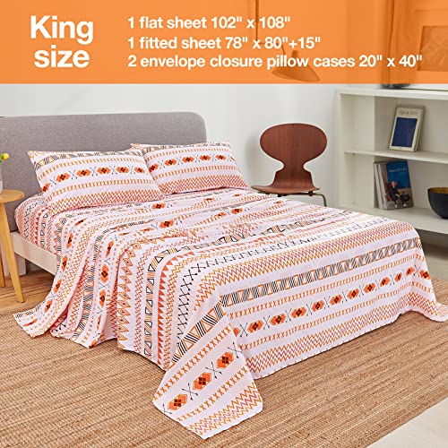 Image of JSD Orange Brown Boho Printed Microfiber Sheet Set King Size | 4 Piece Soft Microfiber Sheets, Geometric Pattern, 16 in Extra Deep Pocket, OEKO-TEX Certified, Easy Care