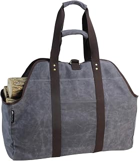 MYFIREPLACEDIRECT Waxed Canvas Log Carrier Tote Bag, Extra Large Durable Firewood Holder with Handles and Shoulder Strap, Heavy Duty Wood Carrying Bag for Fireplaces Grey
