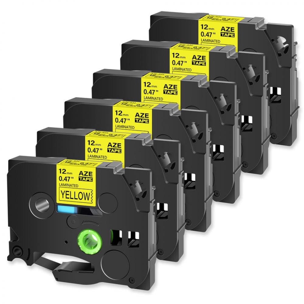 Couleurs mélangées du Ruban laminé Standard 6pk Compatible avec Tze 131 231 431 631 Compatible avec Les imprimantes d'étiquette(6PK Black on Yellow)