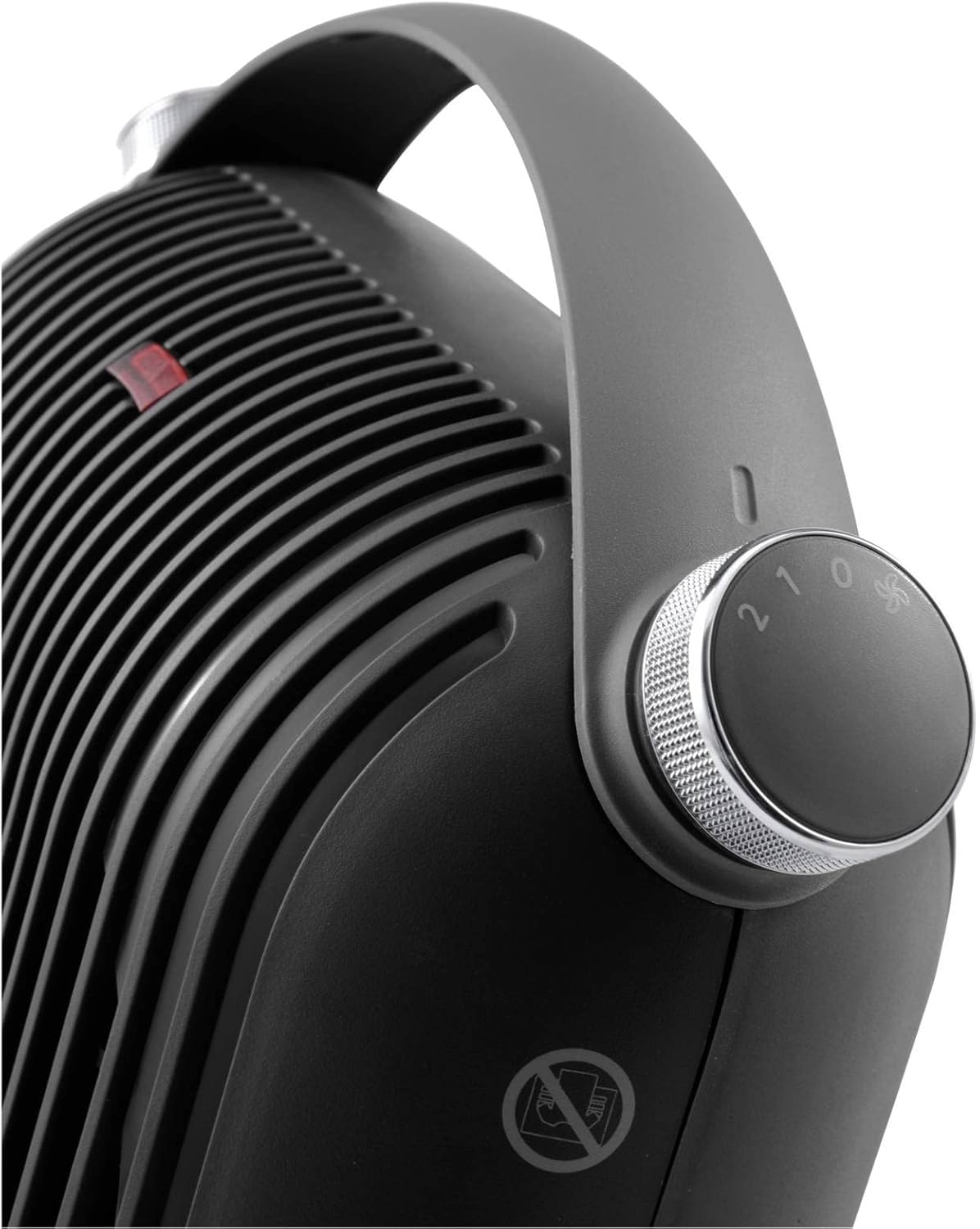 Samping view of the De'Longhi HFS30C24.DG fan heater showing its ergonomic carry handle.