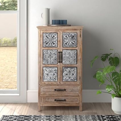 Home & Goods International Carved Floral Wood Storage Cabinet with 2 Drawers - Accent Wardrobe Organizer for Living Room, Drawing Room, and Lounge (2 Door Grey)