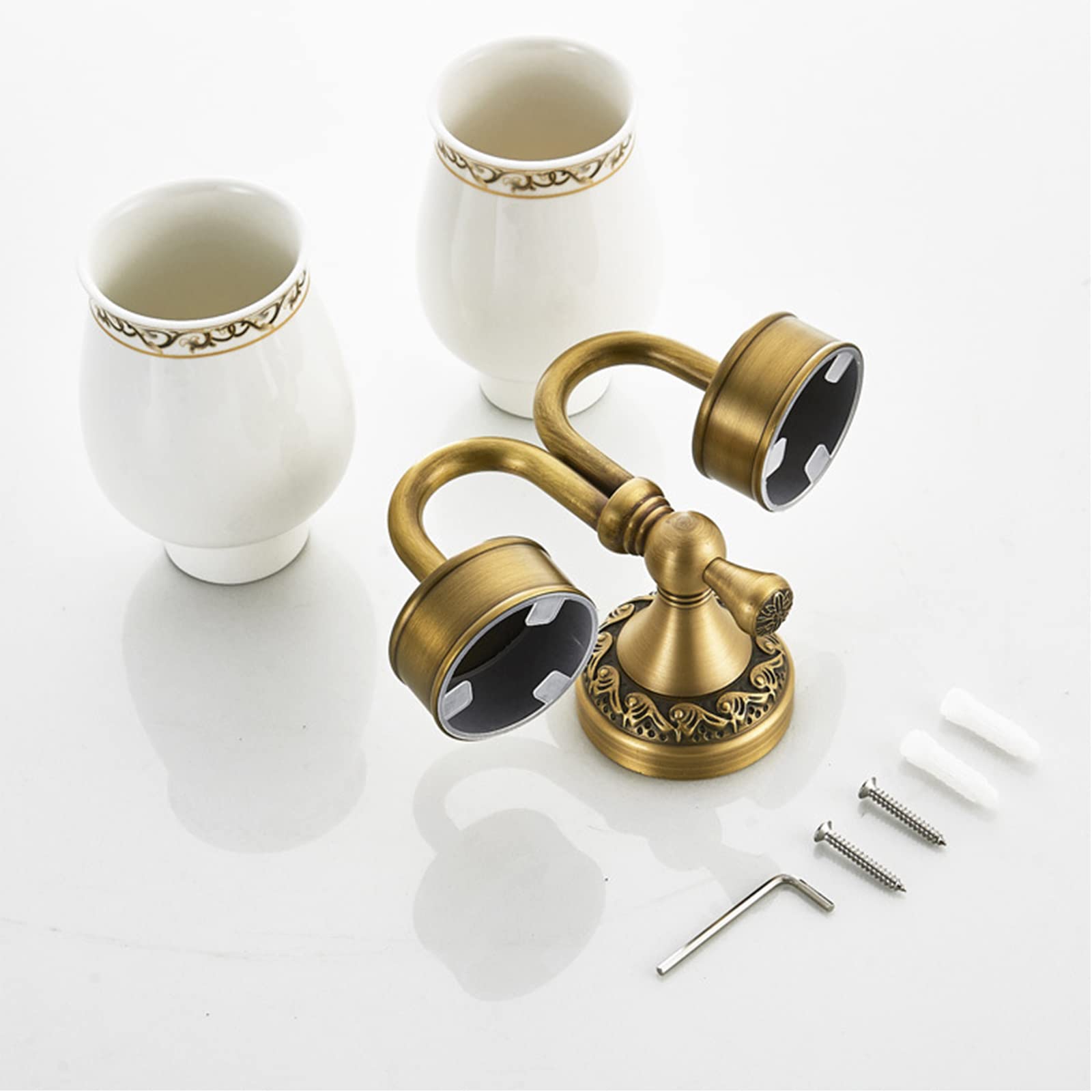 Soporte para Cepillo De Dientes, Cepillo De Dientes De Latón Retro con 2 Tazas De Cerámica, Soporte para Taza De Cepillo De Dientes De Baño Montado En La Pared para Accesorios De Baño