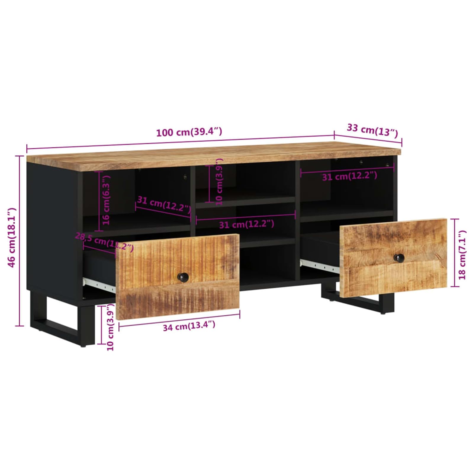 Szafka pod telewizor, 100 x 33 x 46 cm, lite drewno, mango i materiał drewnopochodny, wisząca szafka pod telewizor, ławka, meble do salonu, nowoczesna szafka ścienna do salonu, sypialni