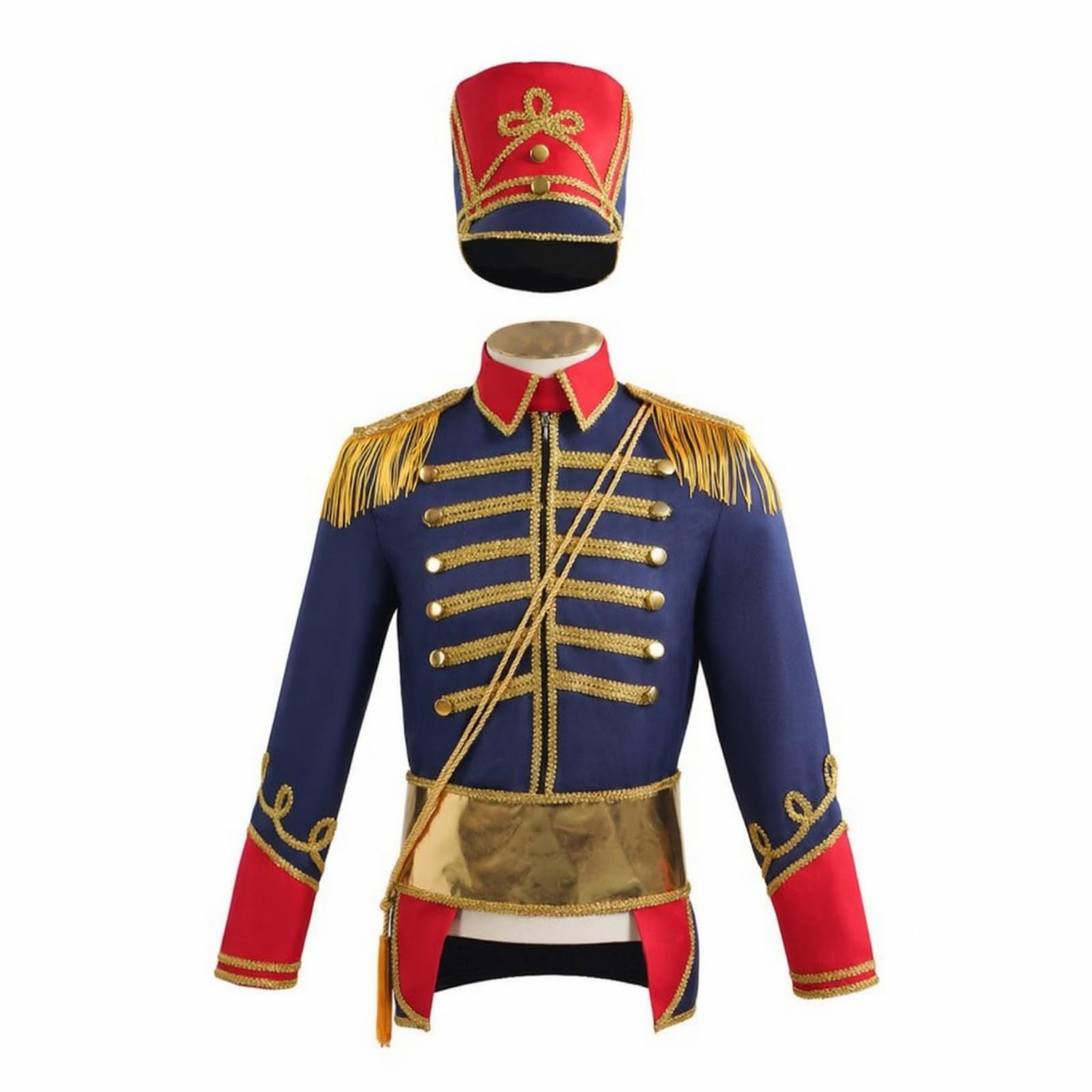 LOVIVER de Desempeño Conjunto Cosplay Chaqueta Azul Detalles Dorados Sombrero Cilíndrico Cinturón Plano Cordón con Fleco Elegante Adecuado para Desfiles Sesiones