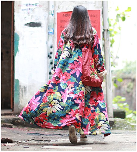 LZJN Women Floral Print Trench Coat Casual Long Jacket Fluff Inside4