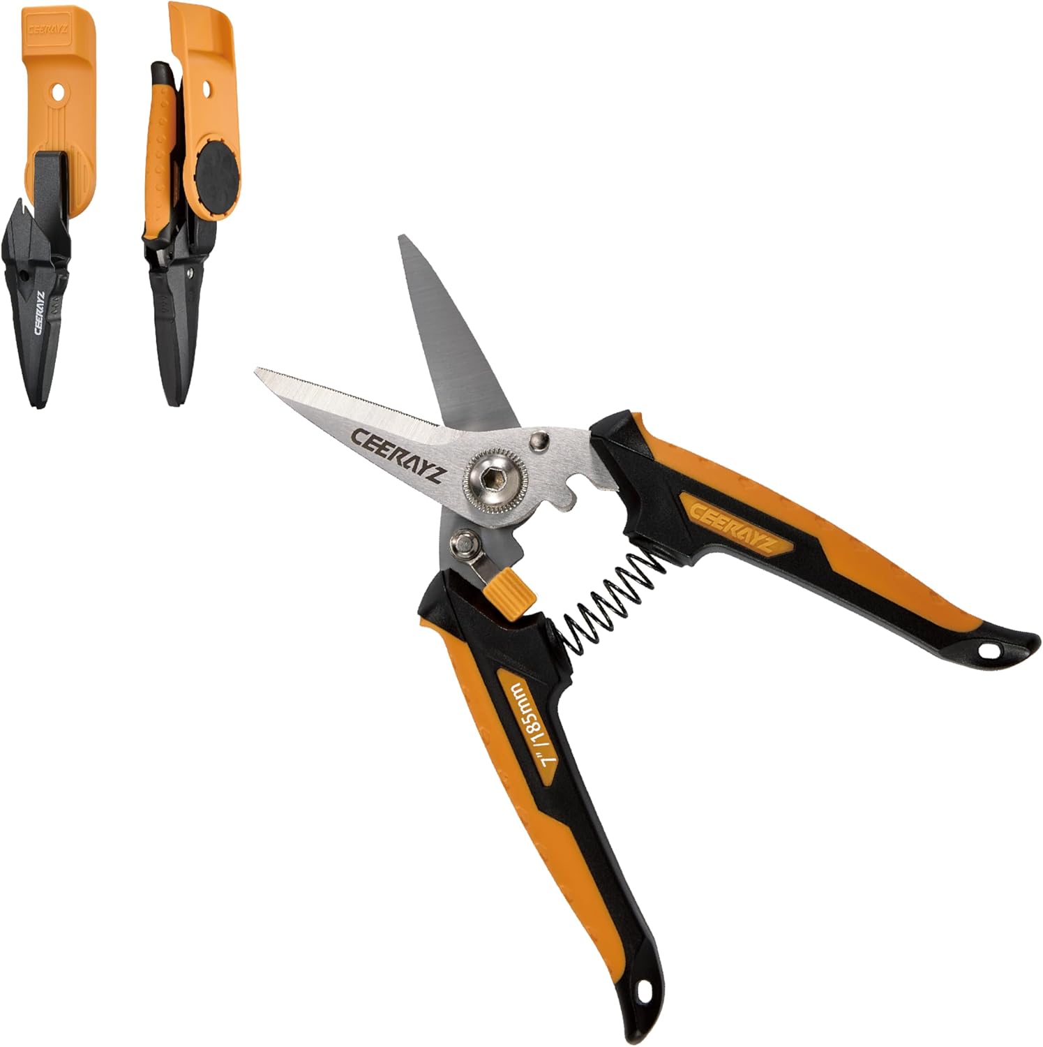 7" Scissors All Purpose, Heavy Duty, Multipurpose, for DIY Projects, Office, Production Lines, Pruning, with Protective Sheath and Magnetic Holder (Black/Orange)