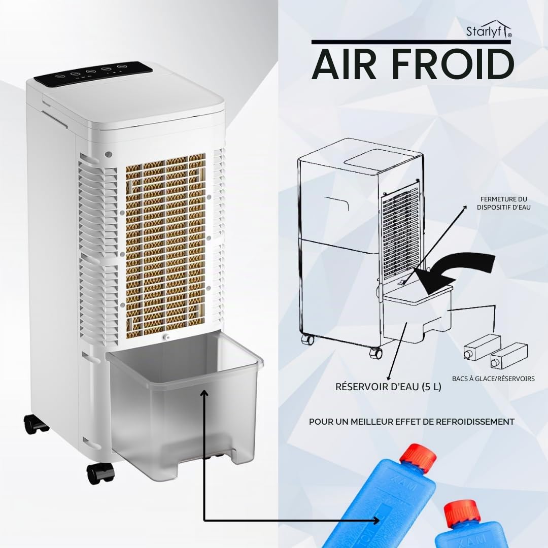 STARLYF Cold Air -Rafraîchisseur d’Air Portable – Climatiseur Évaporatif avec Réservoir d’Eau – Air Frais sans Installation – Faible Consommation, Compact et Silencieux pour Maison et Bureau