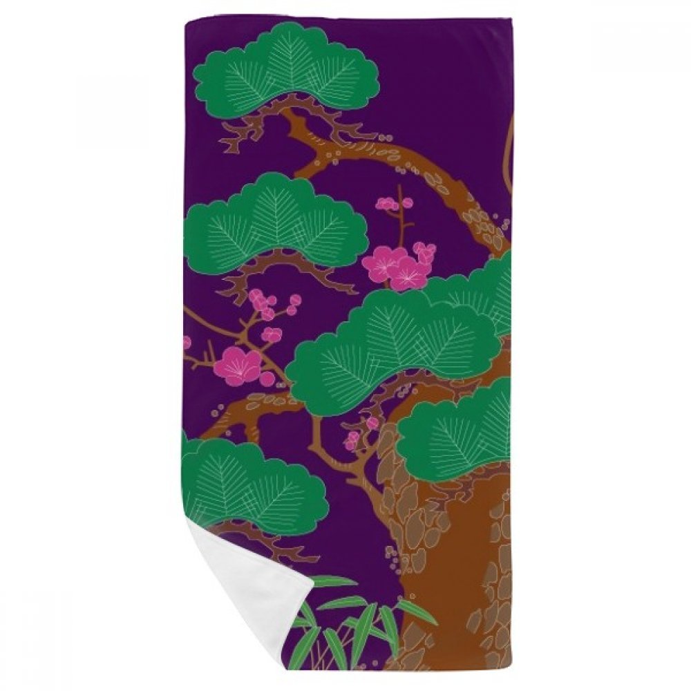Serviette de bain douce motif arbre japonais violet et vert 35x70