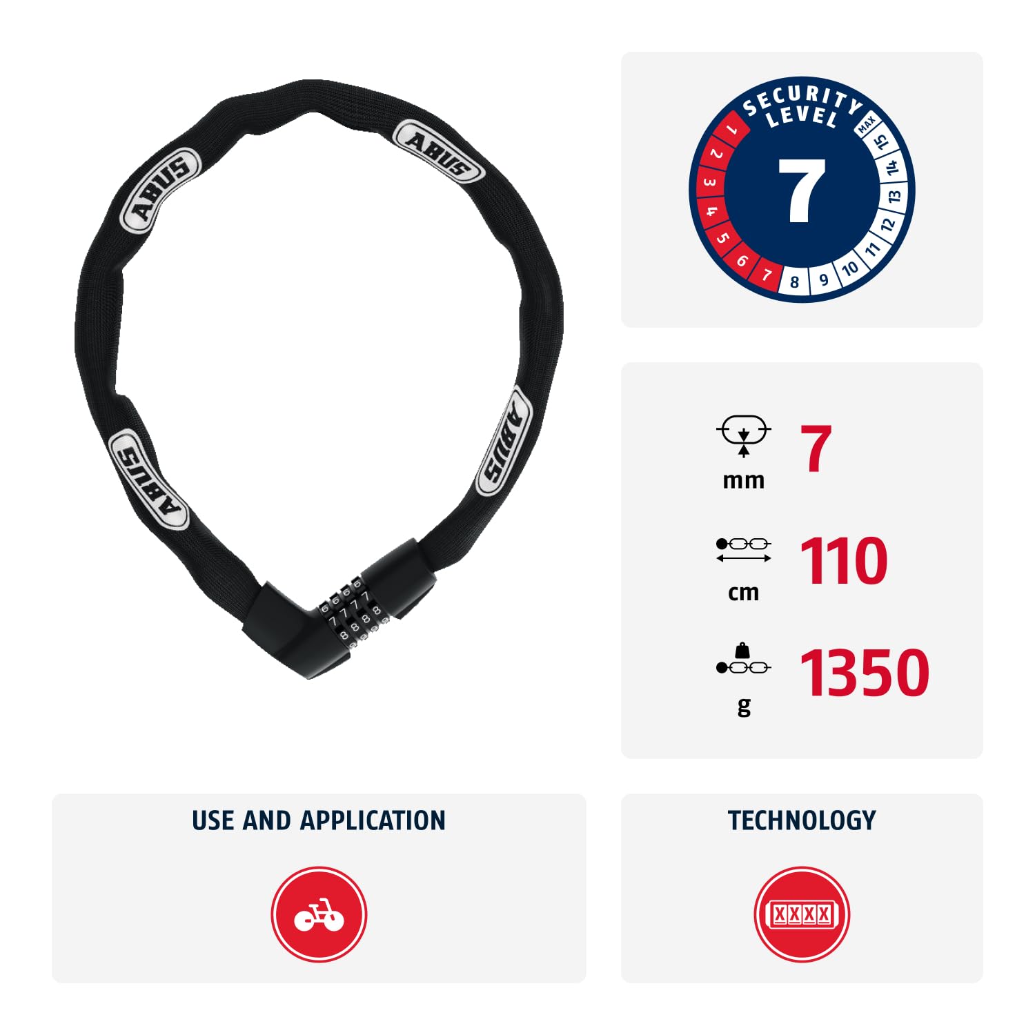 ABUS Serrure à chaîne Tresor 1385 - Serrure à Combinaison en Acier trempé - chaîne carrée de 7 mm d'épaisseur - Niveau de sécurité 7-110 cm - Noir | Cadenas à chaîne