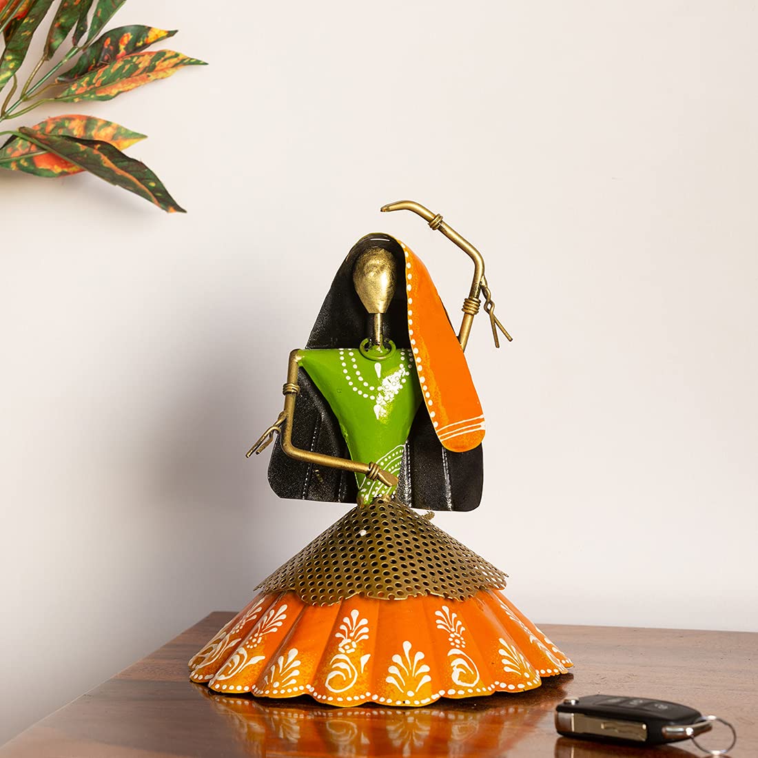 ExclusiveLane Rajasthani Dance Girl Show Pieces for Home Decor Living Room (10 Inch,Iron) Handpainted Showpiece Curios Figurine Artefact for Gifts Home Showcase Decoration Items,Orange