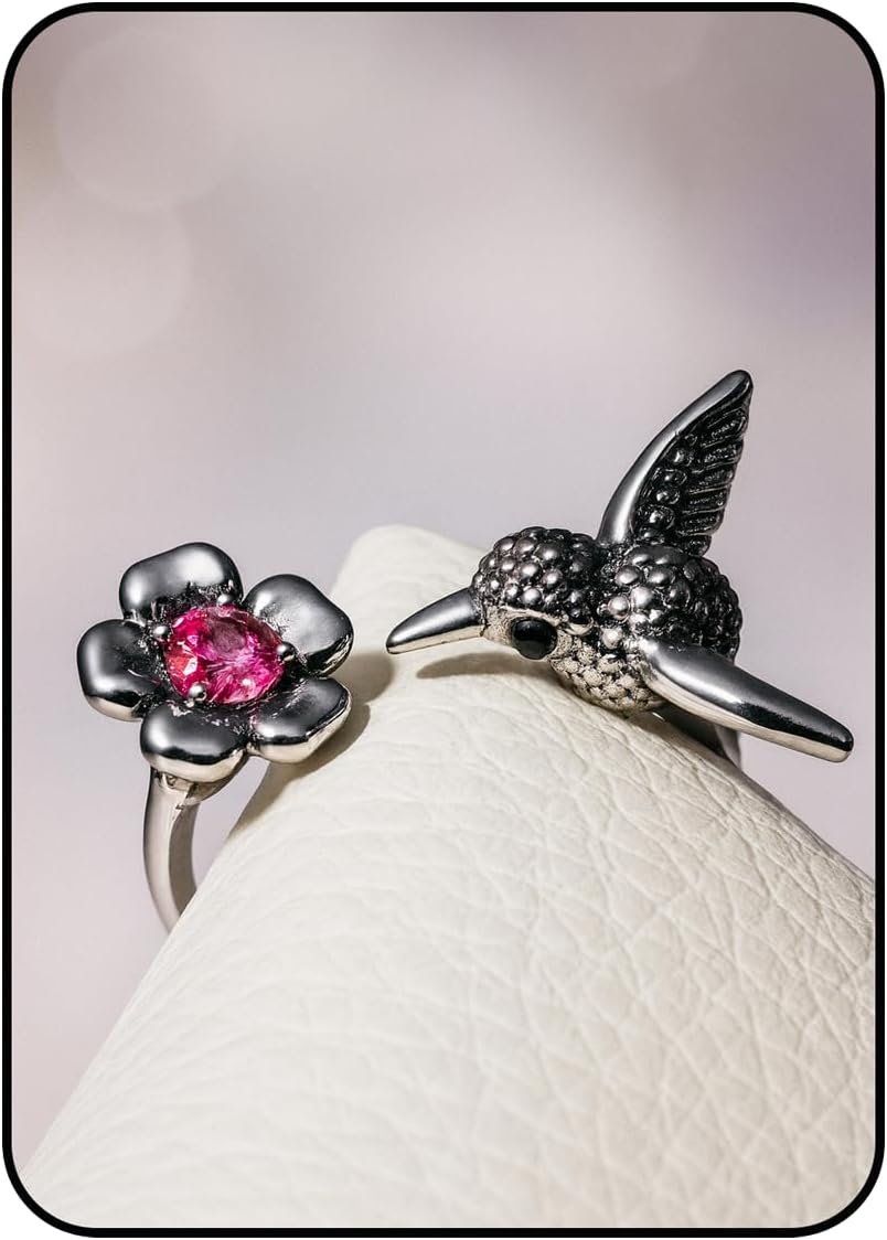 Hummingbird Ring For Women, Silver Vintage Bird Boho Western Adjustable Flower Wrap Ring Cute Animal Jewelry Black Stone Statement Jewelry Gift