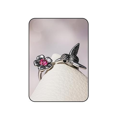 Hummingbird Ring For Women, Silver Vintage Bird Boho Western Adjustable Flower Wrap Ring Cute Animal Jewelry Black Stone Statement Jewelry Gift