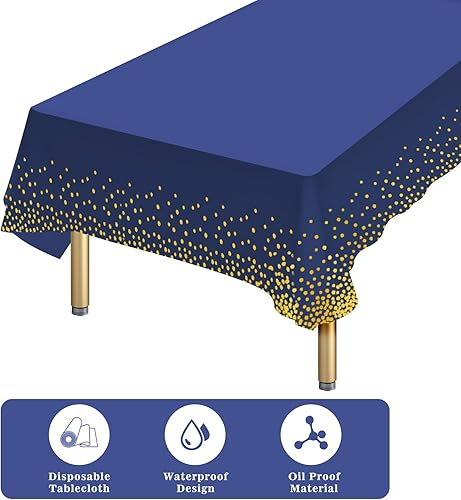 Miniatura 3 de Paquete de 6 manteles de plástico desechables de color azul y dorado, 54 x 108 pulgadas, mantel rectangular de plástico desechable para graduación,