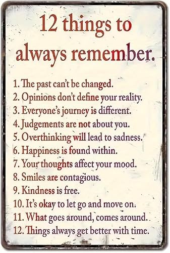 SMAZDFXX Retro Metal Aluminum Sign, 12 Things To Remember, Interesting Tin Signs, Vintage Garage Wall Decor, Restaurant Decoration, Cafe Bar Club Living Room Wall Decor Plaque 8"x12"