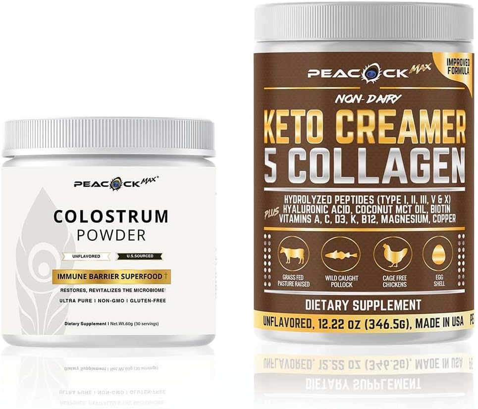 Colostrum + Collagen Keto Creamer Powder Bundle - Protein & Nutrient Blend with MCT Oil, B12 & Magnesium, Unflavored Keto-Friendly Supplements for Daily Wellness, 12.2 oz & 60g