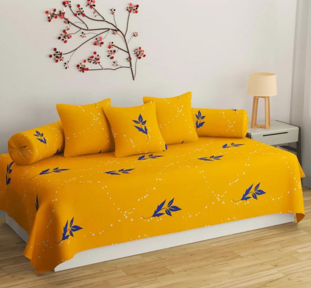 CLiDE Premium Glace Cotton Single Diwan Bedsheet Set with 5 Cushion & 2 Bolster Covers - 8 Piece Complete Living Room Bedding Assembly, Floral & Geometric Prints (Mustard Yellow Indigo Leaf)