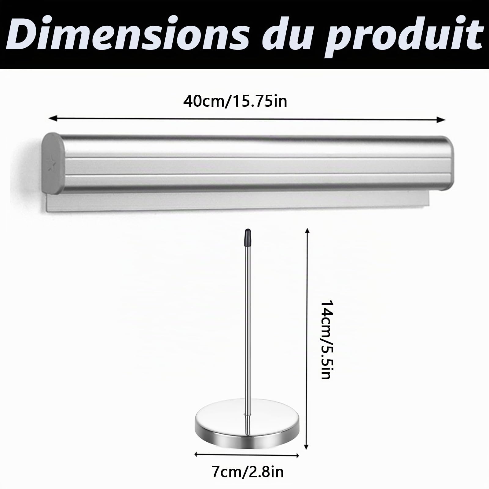 Lot de 3 Porte-bonbon gastronomie,40 cm Barre de serrage en alliage d'aluminium Auto-adhésif, tickets muraux avec pointes et base en métal