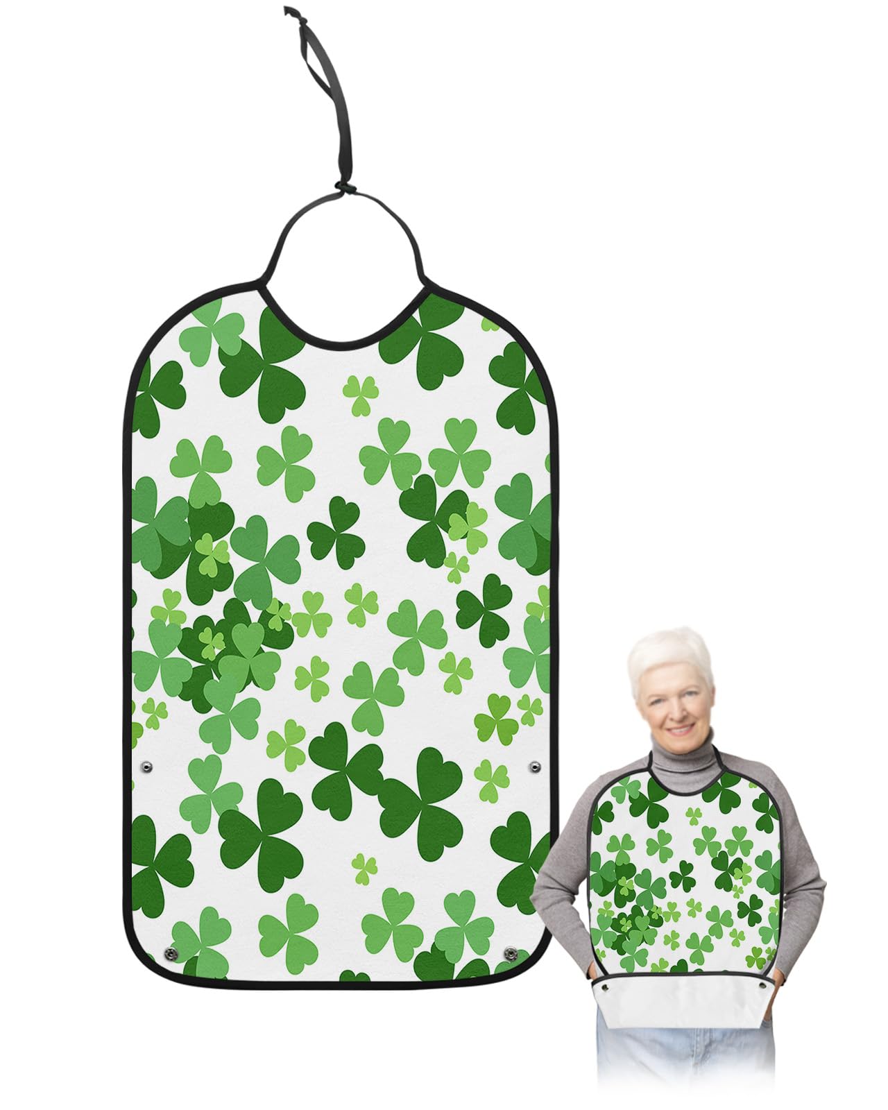 St. Patrick's Day Adult Bibs for Eating, Waterproof Bibs with Food Catcher & Adjustable Snap Closure, Falling Green Lucky Clover White Backdrop Clothing Protectors Adult Bibs for Elderly Women/Men
