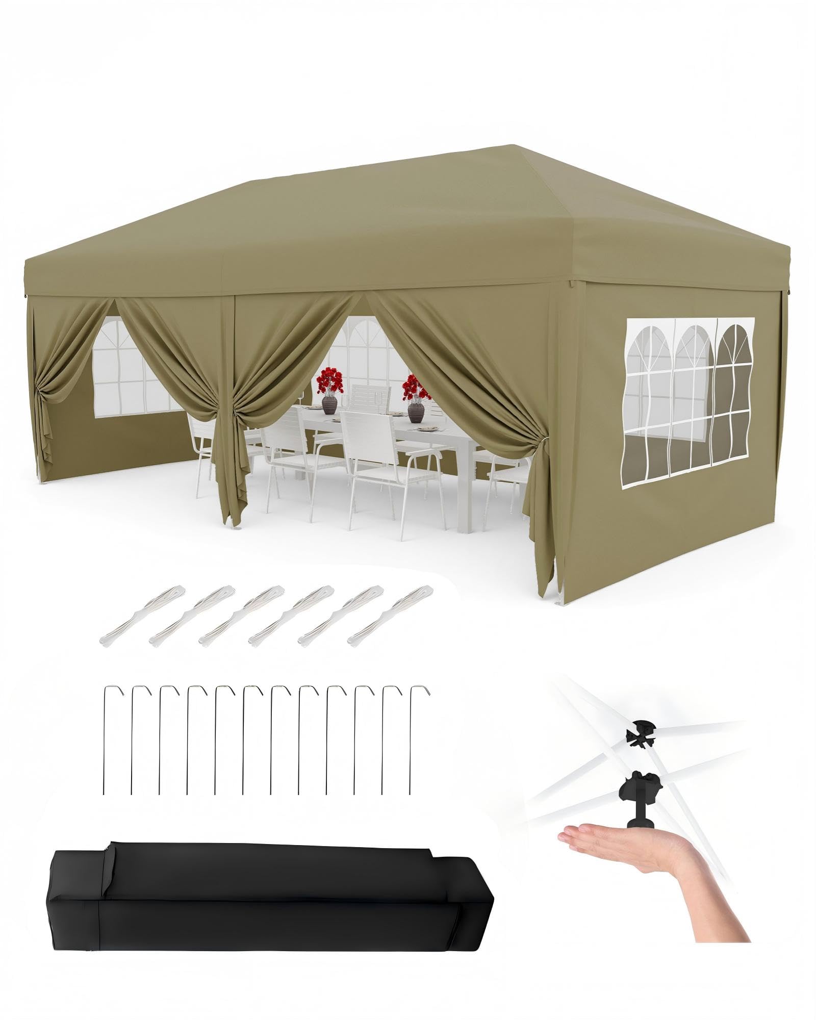 Aptliton 3x6M Pop Up Gazebo with 6 Sidewalls, Waterproof Outdoor Gazebo UPF 50+ with Portable Carry Bag, 3 Adjustable Height, 4 Weight Bags, 8 Stakes & 6 Guy Ropes, Khaki
