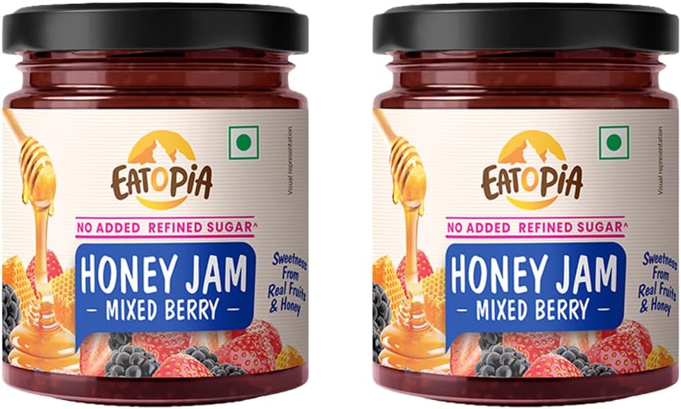 Eatopia Sugar Free Mixed Berry Honey Jam | 100% Pure & Natural | Healthy Jam for Kids & Adults | 70% Real Fruit Berries | No Added Flavours & Preservatives | Sweetness from Real Fruits & Honey | 240g Each | Pack of 2 | 480g