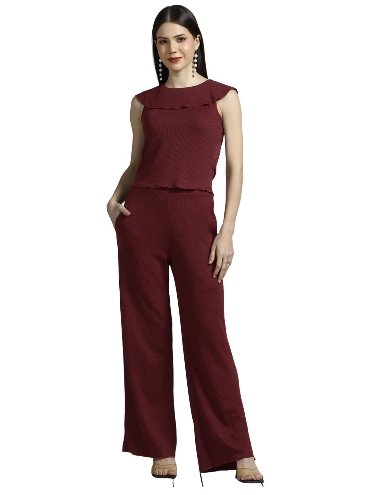 selvia Maroon Lycra Co-Ord Set for Women Sleeveless Top and Wide-Leg Pants-picture-42