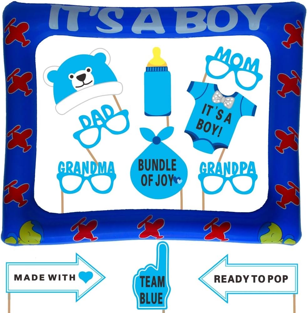 It's a Boy Baby Shower Photo Booth Props with Inflatable Picture Frame Included - NO DIY REQUIRED Attached to the stick - Baby Boy Decorations- Extra Large - 23 Count