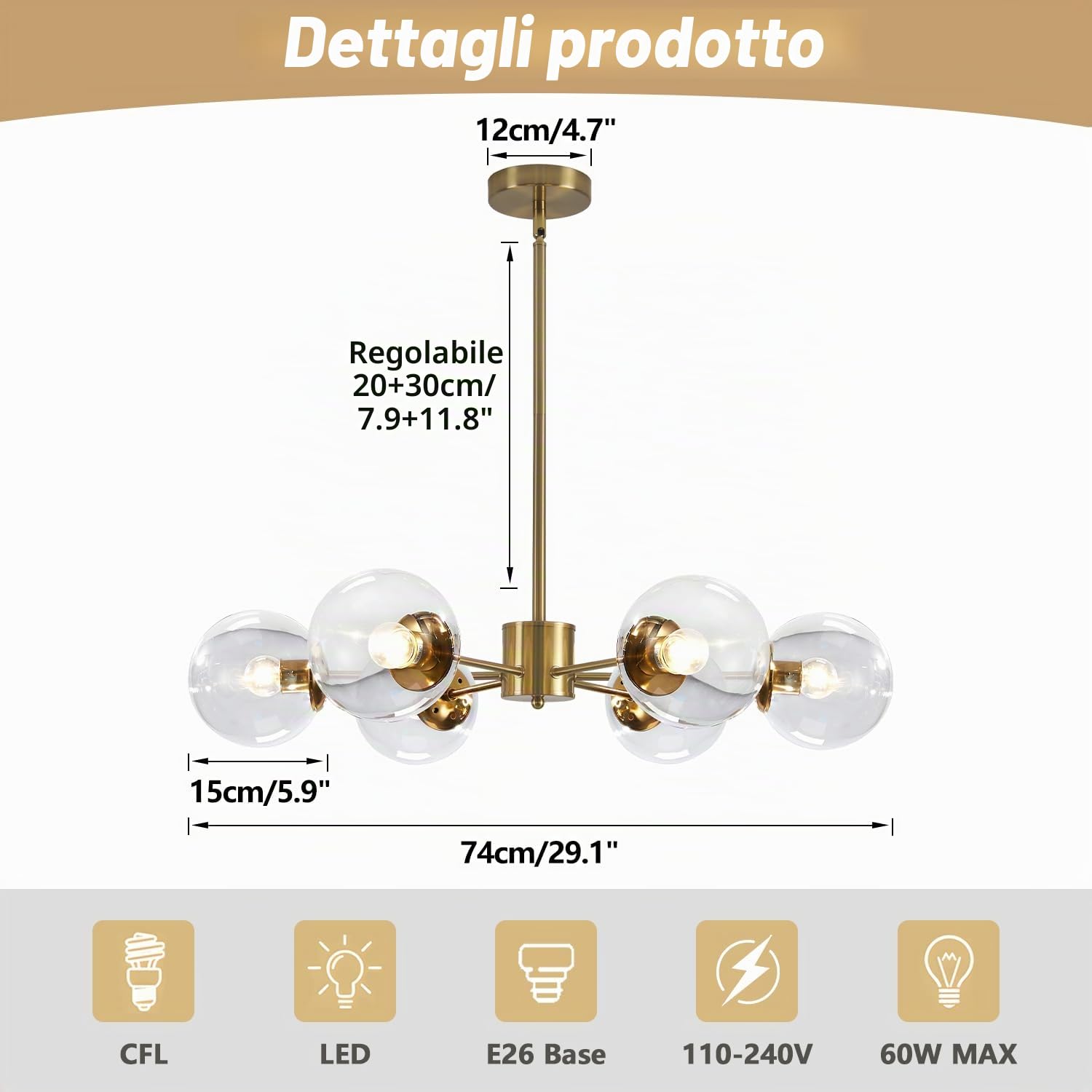 KCO Lighting Moderno Sputnik 6 luci Lampadario Ottone Dorato Globi Vetro