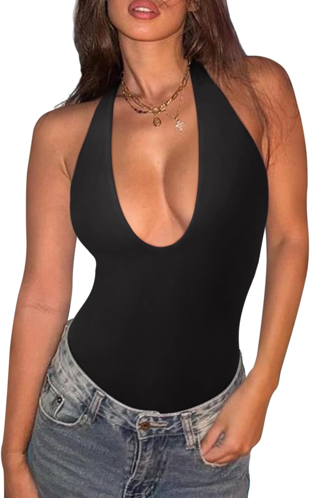 REORIABodysuits for Women Halter Tops 2025 Summer V Neck Backless Body Suits Tank Top Trendy Fashion Clothing