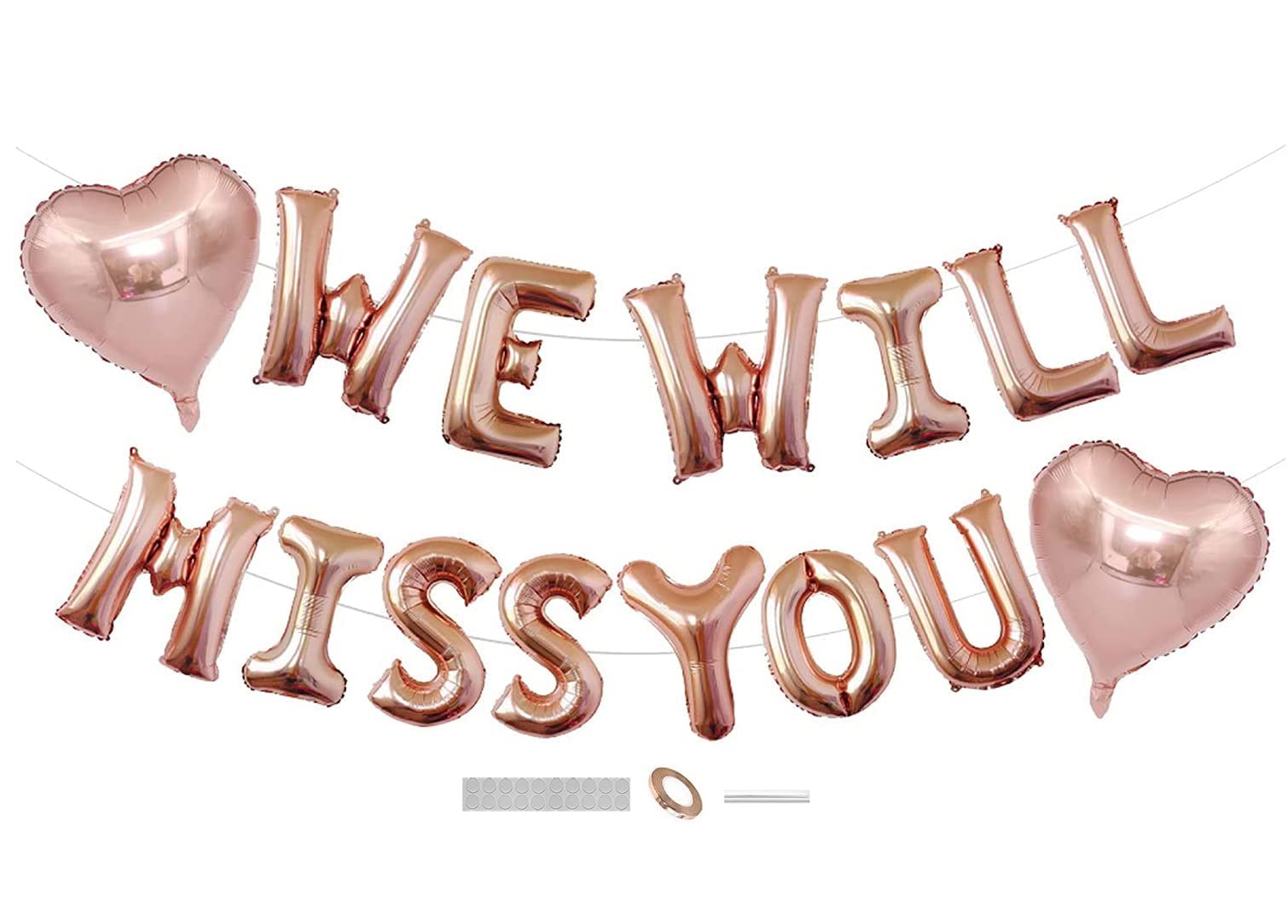 DUXUANT 'We Will Miss You' Balloons Flag Set (Rose Gold, 16" & 18" Heart Balloons, 25 Pieces, Reusable