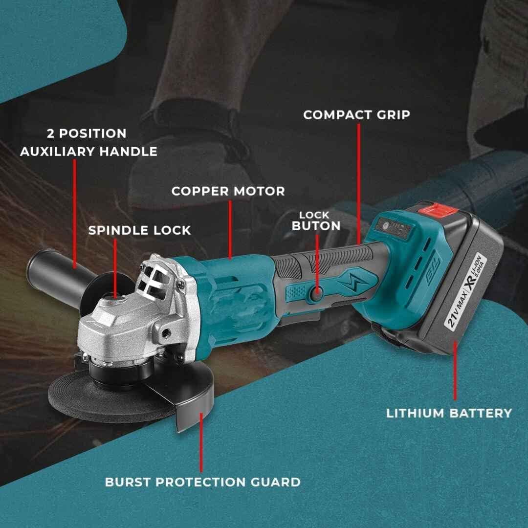 VENEKETY 21V Powerful Brushless Cordless Angle Grinder Machine Double Battery with 3 Model Variable Speed|