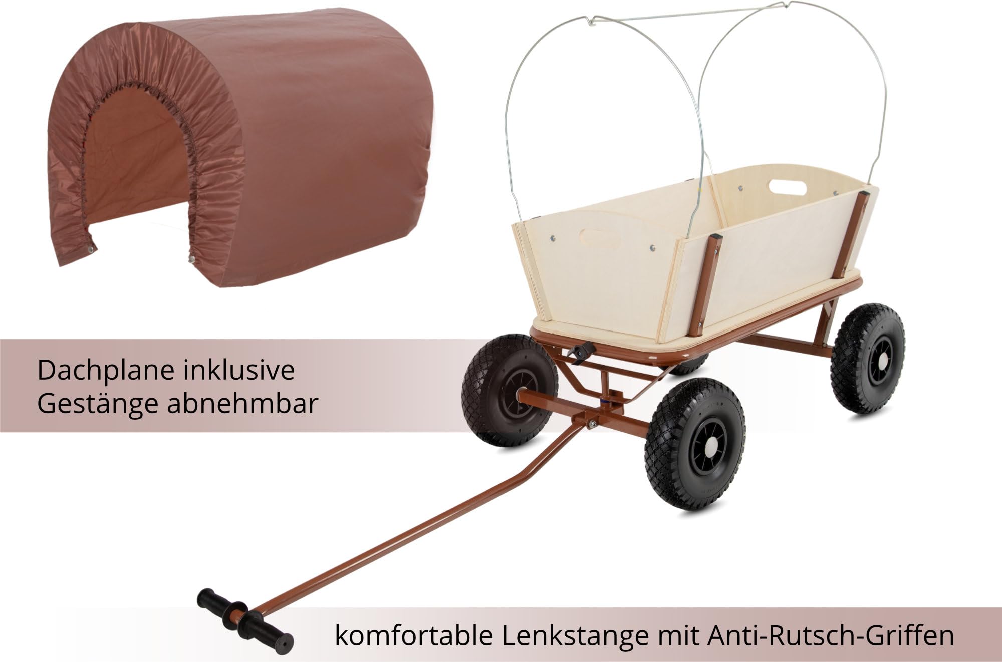 Stagecaptain Bollerwagen Holz im Wild Western Style - Handwagen mit Dach für Sonne und Regen - Lenkbare Vorderachse & Deichsel aufrecht fixierbar - Robuste Profilreifen aus Hartplastik