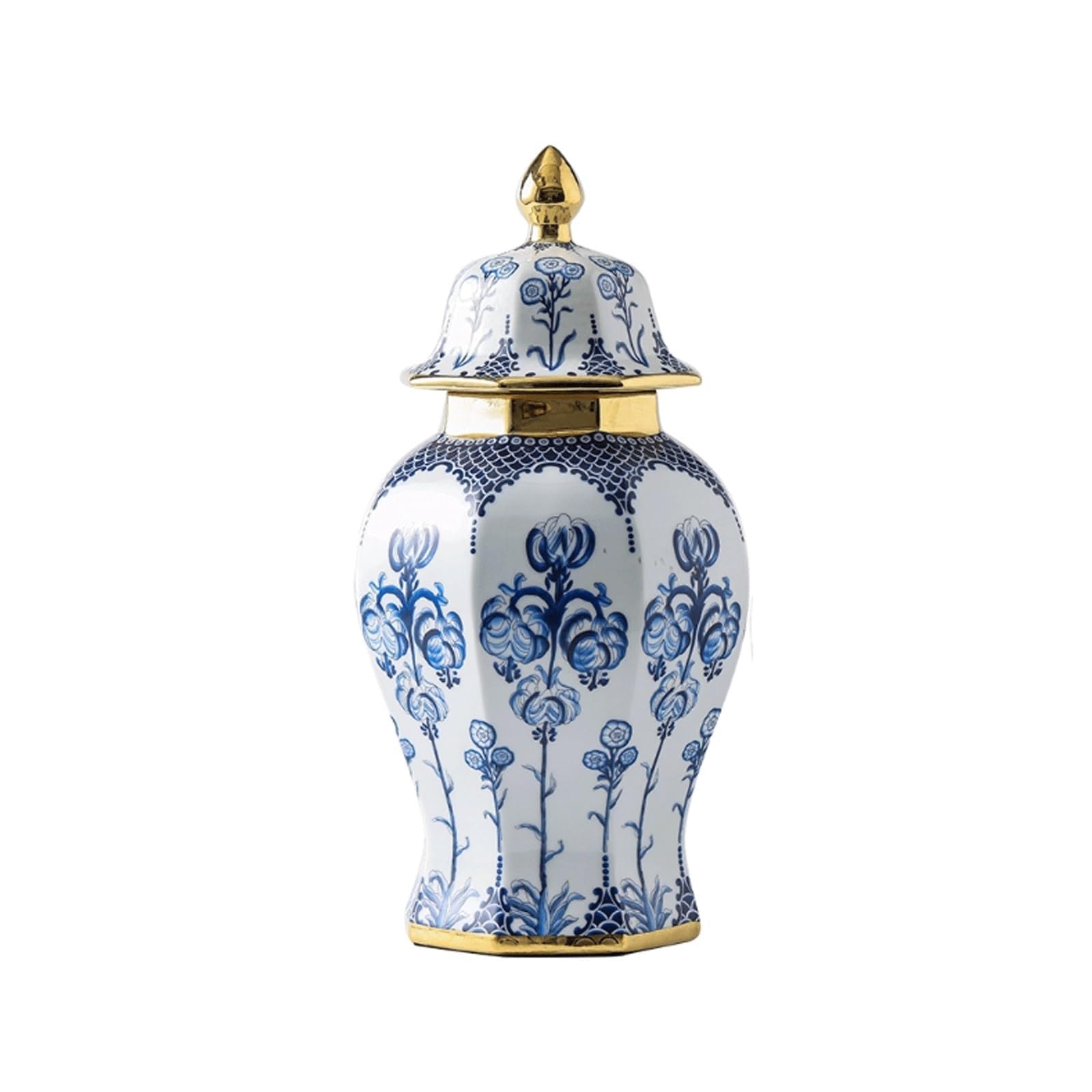 Ginger Jar Chinoiserie Vase Floral Porcelain with Lid Ginger Jars Blue and White Temple Jar Hexagonal Storage Jar Ceramic Flower Vase(14.5x39cm)