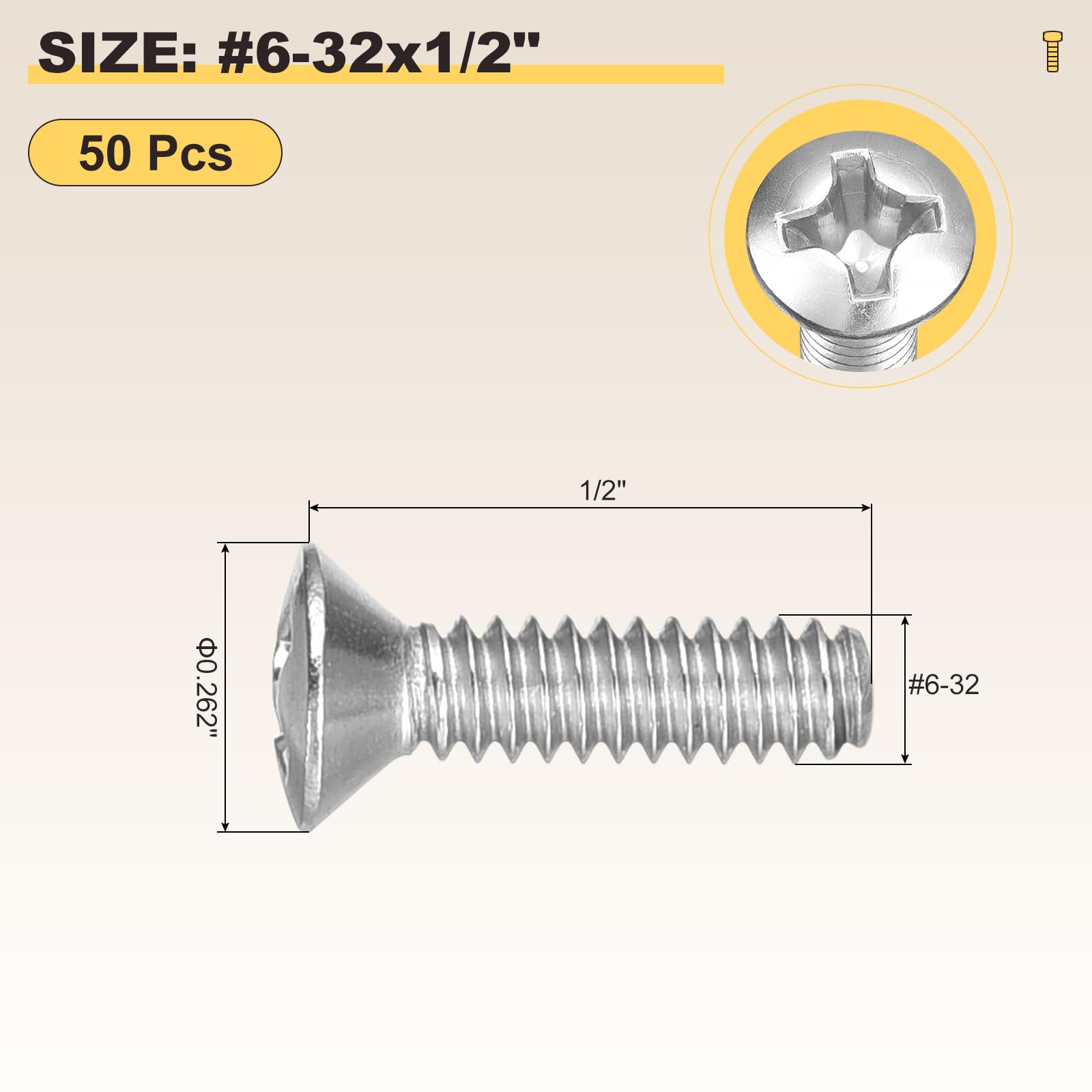 METALLIXITY Phillips Cross Recessed Countersunk Head Screws Bolts (#6-32x1/2") 50Pcs - Image 2