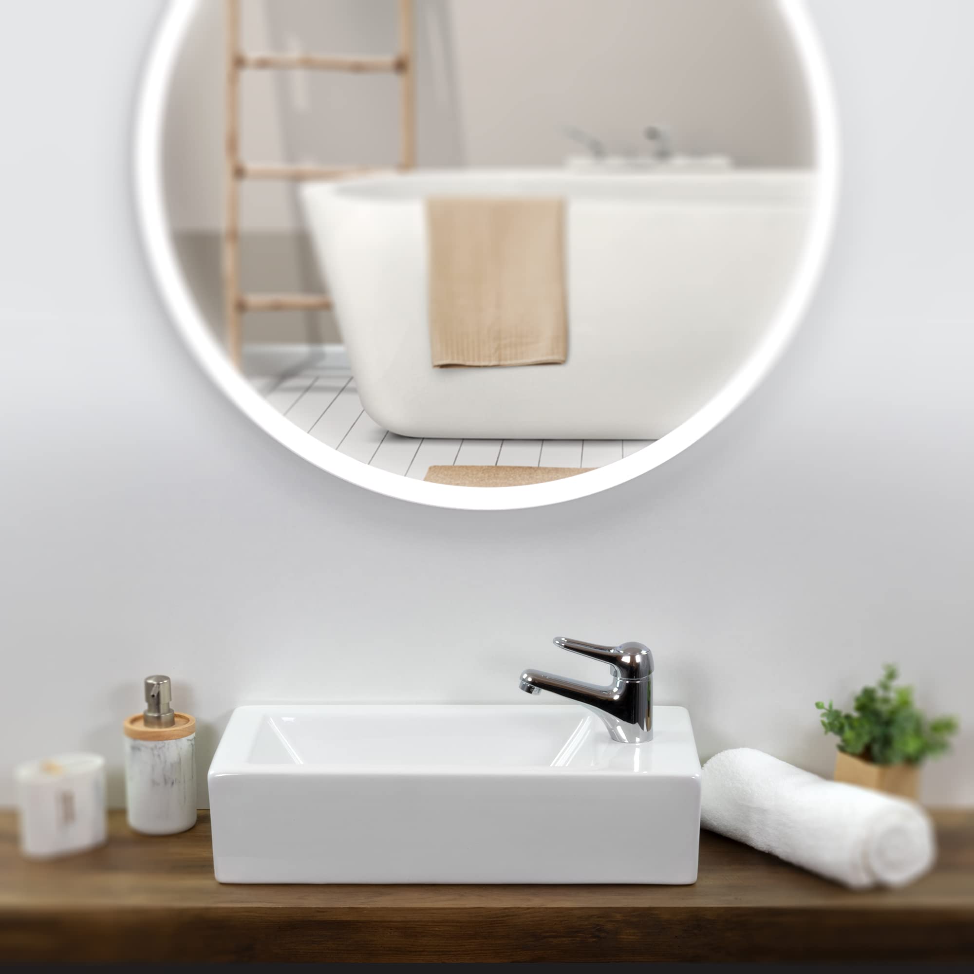 Lavabo sobre Encimera Rectangular en Ceramica Brillante VOMANO | 25x50x24 cm | Incluye Tapon "Pop Up" con Valvula de Desague Click Clack | Sin Taladro Grifo | Color Blanco