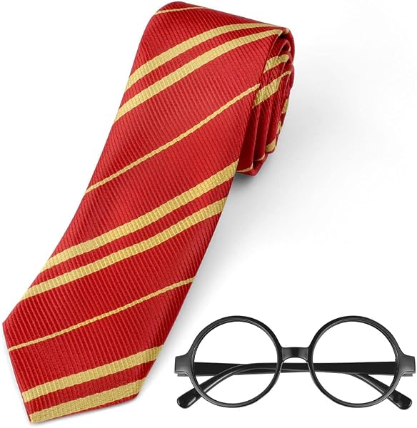 Aomig Sorcier Accessoire Cravate avec Lunettes Cadre, Cravate de cosplay de magicien pour L'école Filles Garçons et Adultes Déguisements Cosplay Costumes d'halloween Sorcier Deguisement, Rouge - 1