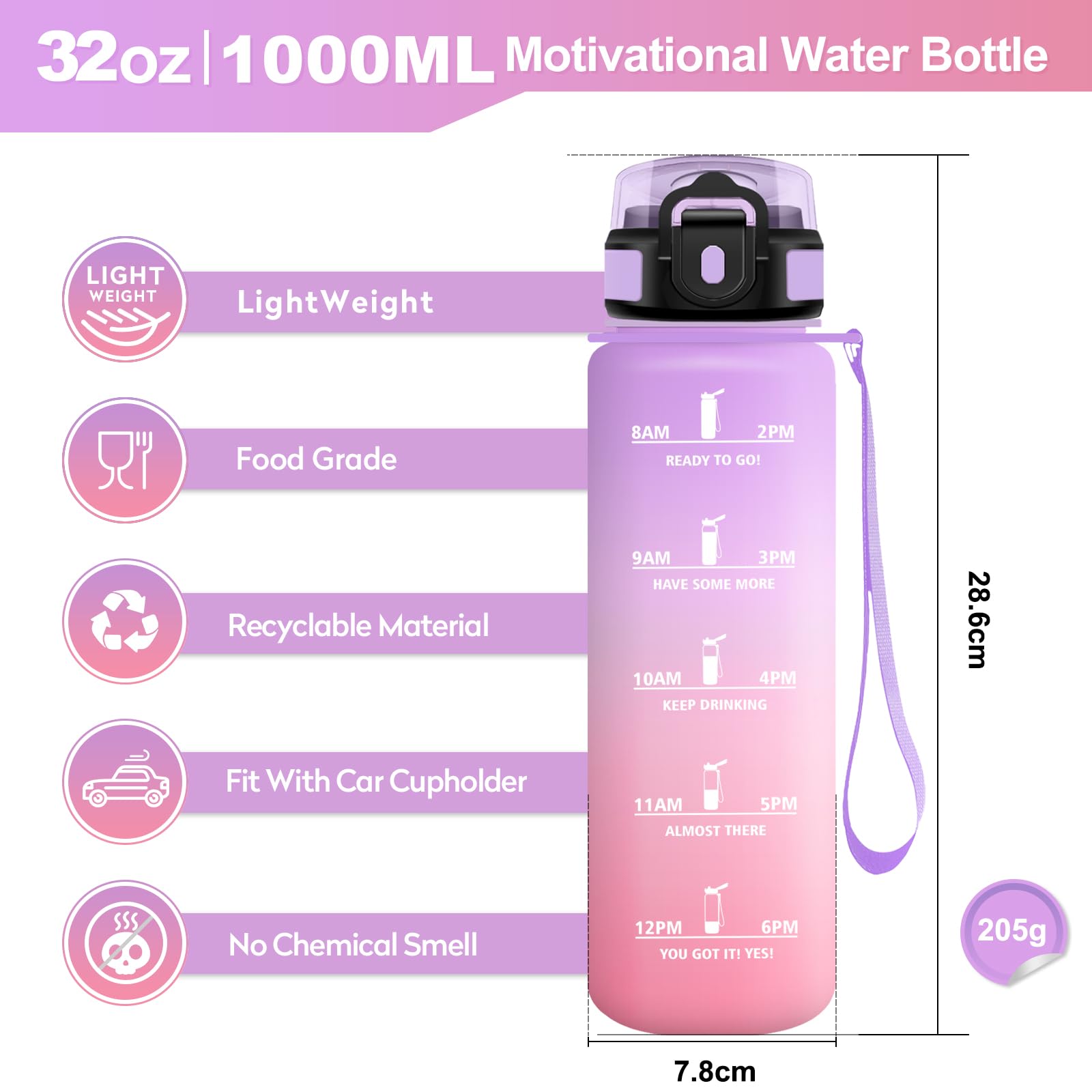 Borraccia 1L, Bottiglia con Indicatore del Tempo Motivazionale, Bottiglia con Cannuccia, Riutilizzabile, senza BPA, A Prova di Perdite, per Fitness, Scuola, Ufficio, Ciclismo, Alpinismo, Yoga