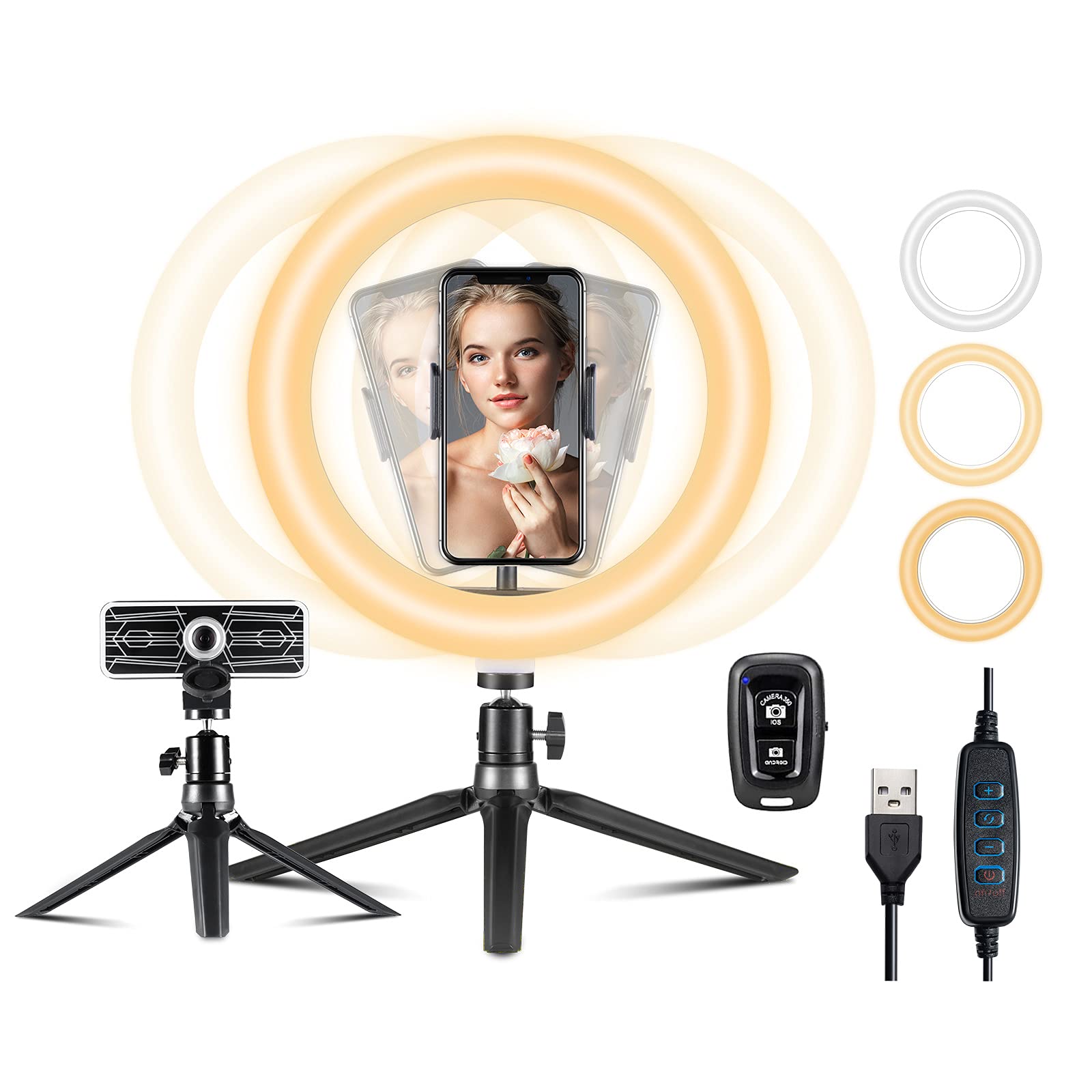 10.2" Selfie Ring Light with Tripod Stand & Phone Holder, Dimmable LED Ring Light for Photography/Makeup/Live Streaming/Video Recording/Zoom Meeting, Compatible with iOS and Android Phones