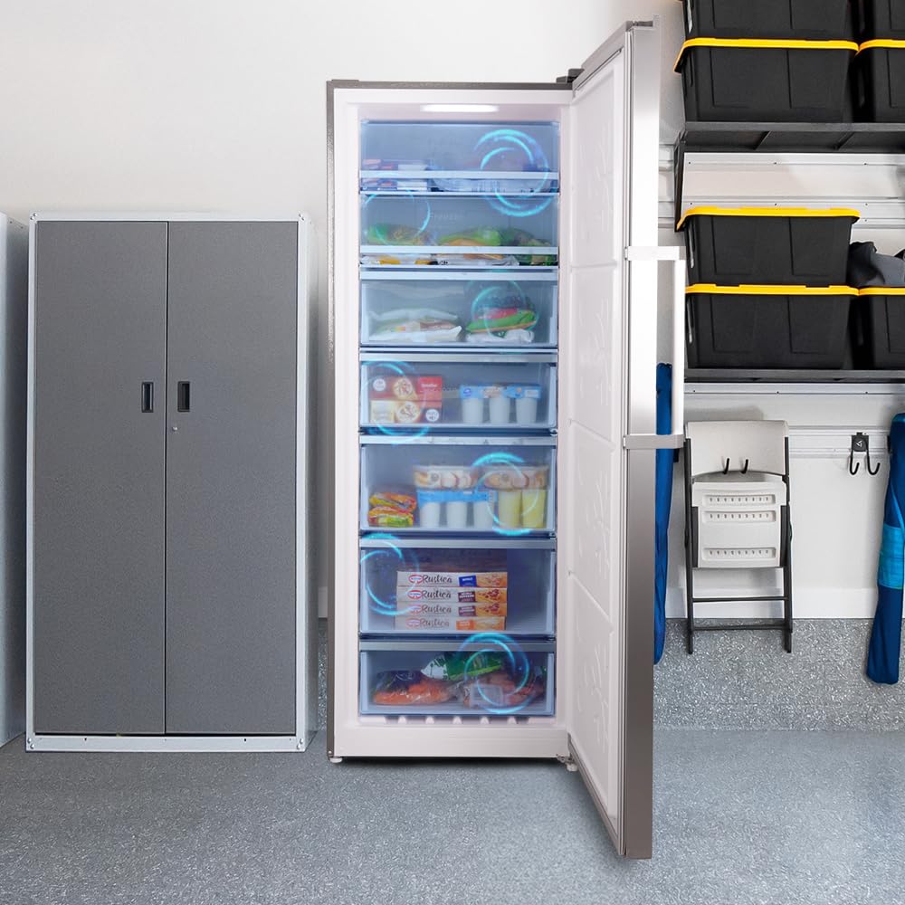Cecotec Bolero zamrażarka pionowa CoolMarket UF 380 stal nierdzewna D. 1950 W, pojemność XL 380 l, klasa D, silnik inwerterowy plus, Total No Frost, wyświetlacz door, możliwość zmiany na lodówkę,