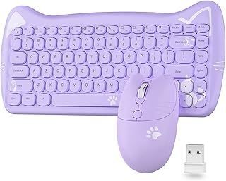 AJAZZ A3060 - Cute Cat Purple PC USB Wireless Keyboard and Mouse Set, 84 Keys Retro Typewriter Round Keycaps 65 percent, Small Cordless Aesthetic Mouse, Compatible Mac Laptop Computer for office game