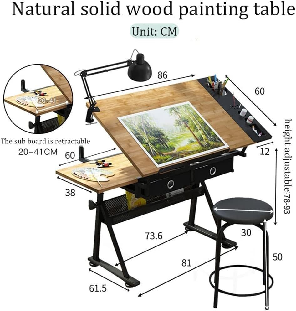 Adjustable Drawing Desk with Tiltable Top, 2 Storage Drawers, Stool, and Heavy-Duty Frame, Art Desk, Drafting Table, Computer Desk
